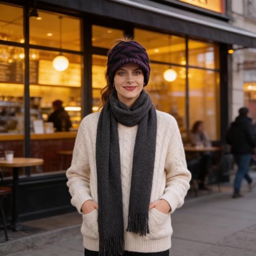 Women's BeanieTail Warm Knit Hat Messy High Bun Ponytail Visor Beanie Cap - color: B341-purple, size: Medium