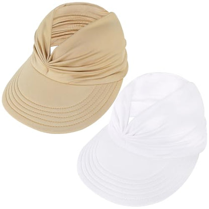 American Trends Wide Brim Visor for Women Lightweight Packable Ponytail Hat - color: Z White & Beige