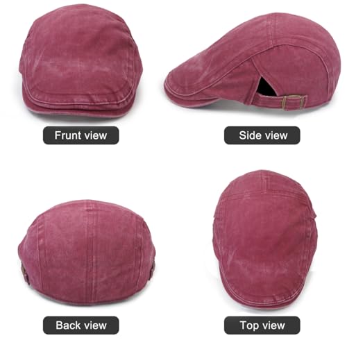 Initlove Mens Newsboy Cap Washed Beret Ivy Hat Flat Hats for Cabbie Driving - color: Wine Red
