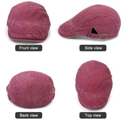 Initlove Mens Newsboy Cap Washed Beret Ivy Hat Flat Hats for Cabbie Driving - color: Wine Red