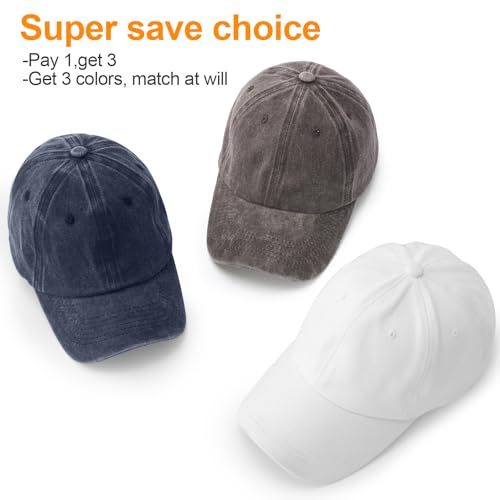 MEINICY 3 Packs Washed-Cotton Plain Baseball Cap, Adjustable Dad Hat - color: Black + Navy Blue+ Brown