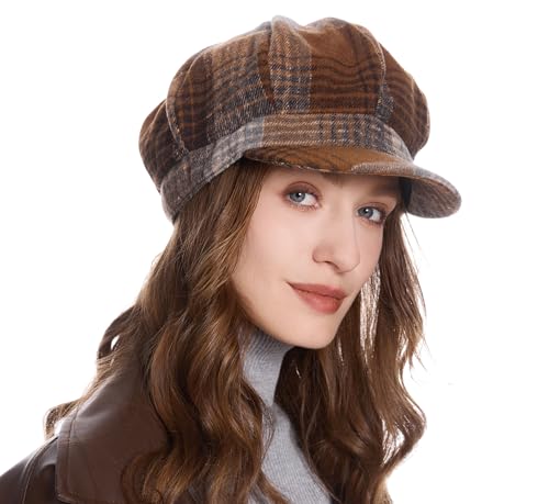 ZLYC Women Classic Newsboy Cap Visor 8 Panel Gatsby Cabbie Paperboy Hat - color: Plaid Coffee and Khaki