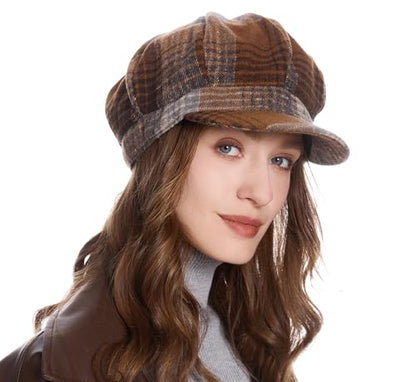 ZLYC Women Classic Newsboy Cap Visor 8 Panel Gatsby Cabbie Paperboy Hat - color: Plaid Coffee and Khaki
