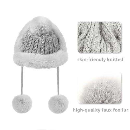Winter Hats Cute Kint Hat Russian Fur Crochet Hat Slouchy Beanies with Pompom Warm Fuzzy Snow Cap Trapper Hat for Women - color: Gray