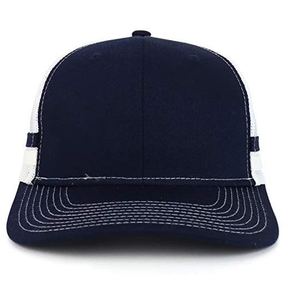 Trendy Apparel Shop Two Striped Flatbill Snapback Trucker Mesh Cap - color: Rich Navy Rich Navy