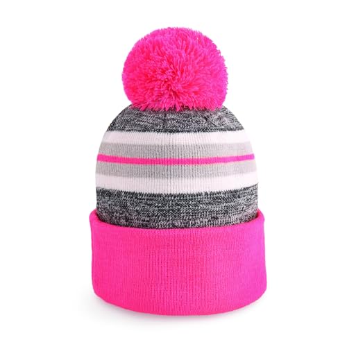 Pom Pom Beanie Cuffed Knit Winter Hat Skull Cap Striped Novelty Men Women - color: (Hot Pink)