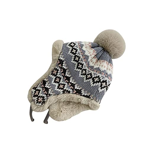 Women Winter Beanie Hat Thick Fleece Lined Warm Earflap Trapper Hat Pom Pom Jacquard Knited Outdoor Ski Snow Cap - color: Gray