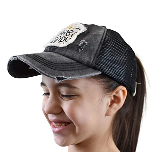 C.C. Childrens' Kids' Girls' Criss Cross High Bun Adjustable Mesh Trucker Baseball Cap - color: Bee Happy, Black