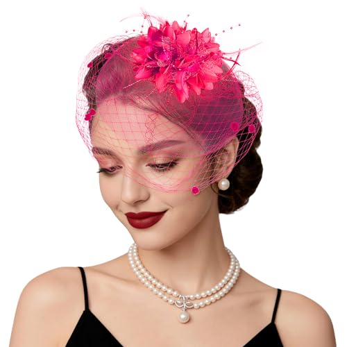 Fascinators Hats Tea Party Hats for Women Feather Veil Headband Vintage Lace Cocktail Headwear Bridal Wedding Veil Retro Hat - color: Rose Red