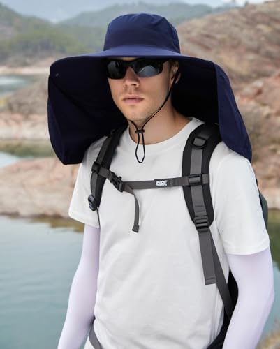 HUAMULAN Women Men Wide Brim Sun Hat Hiking Fishing Hats with Neck Flap - color: Navy With Mesh Panel