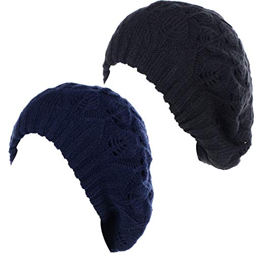 BYOS Women Mid-Weight Slouchy Leafy Cutout Crochet Soft Knit French Beret Hat - color: 2-pack-navy & Bk