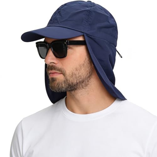 Baseball Sun Cap with Neck Flap, UPF 50+ Waterproof Sun Hat for Men Women - color: Navy Blue
