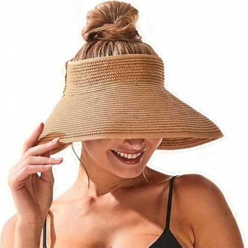 Women Sun Visors Wide Brim Foldable Packable Ponytail Beach Hat Straw Leopard Roll Up Bow Visor Sun Hats - color: Khaki