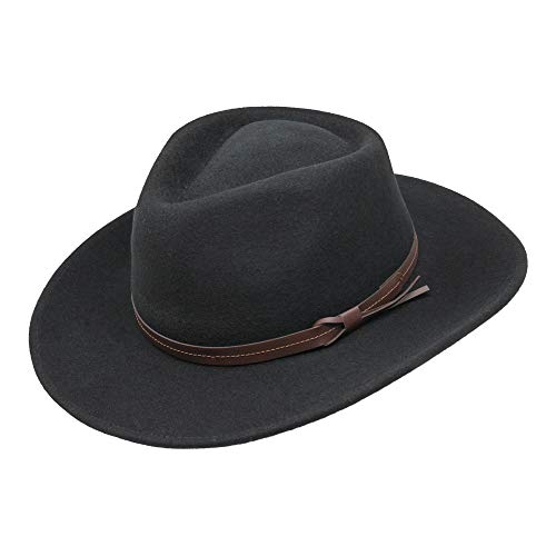 Borges & Scott Hardy - Lightweight Wide Brim Fedora - Leather Band - 100% Wool Felt - Crushable for Travel - Water Resistant - color: Black, size: Medium