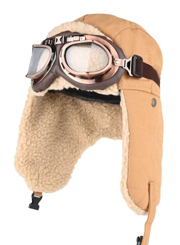 URAWOW Sherpa Aviator Trapper Hat for Men Women Ski Goggles Hunting Ushanka Trooper Russian Hat Plush Retro Faux Fur - color: Khaki