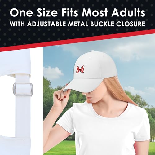 Disney Minnie Mouse Dad Hat, Cotton Adjustable Baseball Cap with Curved Brim - color: White/Red Bow