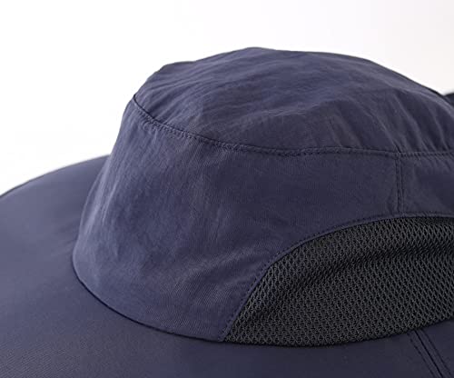 Home Prefer Outdoor UPF50+ Mens Sun Hat with Neck Flap Womens UV Protection Hat Wide Brim Safari Fishing Hiking Gardening Hat - color: Navy Blue