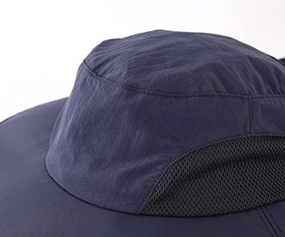 Home Prefer Outdoor UPF50+ Mens Sun Hat with Neck Flap Womens UV Protection Hat Wide Brim Safari Fishing Hiking Gardening Hat - color: Navy Blue