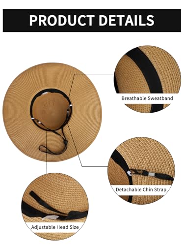 Sun Beach Straw Hats for Women, Summer Wide Brim Hat - color: Khaki, size: Large