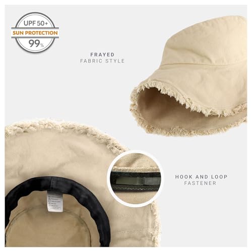 CHOK.LIDS Frayed Bucket Hat Washed Cotton Floppy Wide Brim Boonie Cap - color: Latte