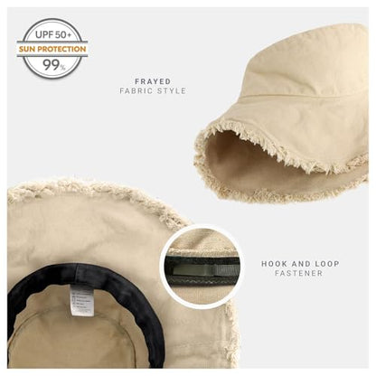 CHOK.LIDS Frayed Bucket Hat Washed Cotton Floppy Wide Brim Boonie Cap - color: Latte