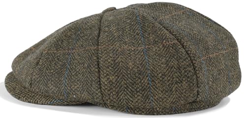 Mens Newsboy Cap High Woolen Tweed Gatsby Hat Ivy Cabbie Flat Golf Cap for Fathers Women Unisex - color: Herringbone Plaid Brown, size: 7-7 1/8