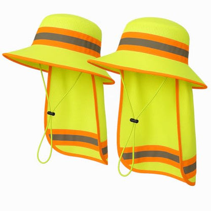 Men High Visibility Reflective Work Safety Sun Hat with Neck Flap Wide Brim Boonie UV Protection - color: 2pcs Neon Lime