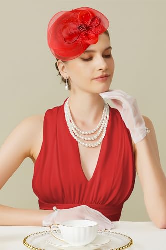 BABEYOND Fascinators Hats for Women Tulle Pillbox Knot Bead Tea Party Hat - color: Red