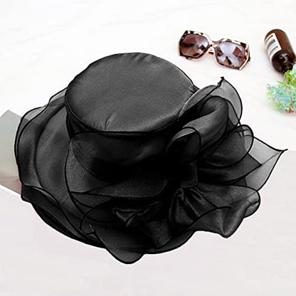 Organza Fascinator Hat - Women’s Wide Brim Church Bridal Tea Party Wedding Hat - color: 01a-black
