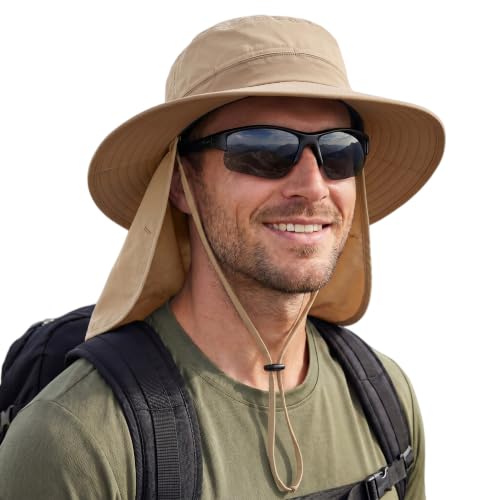 Connectyle Wide Brim Sun Hat for Men Women UPF 50+ Breathable Fishing Hat with Neck Flap Outdoor Hiking Safari Bucket Hats - color: Light Khaki