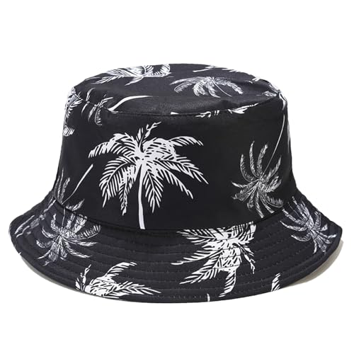 Bucket Hat for Women Men, Cotton Reversible Double Side Wear Sun Hats Beach Fisherman Hat - color: Black Coconut Tree