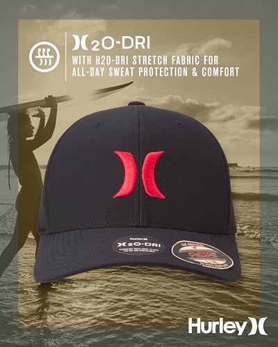 Hurley Mens Baseball Cap Curved Brim Moisture Wicking Flexfit Fitted Hats - color: Black/Red, size: Small-Medium