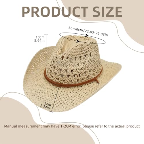 Women/Men Straw Cowboy Hat Wide Brim Sun Beach Cowgirl Hat Summer Western Cowboy for Travel Outdoor Family - color: Beige