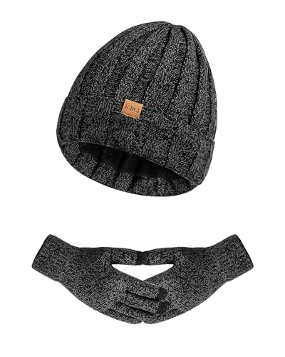 Womens Winter Beanie Warm Hat Touchscreen Gloves Set with Fleece Lined Skull Caps Gifts for Women Men - color: Dark Gray