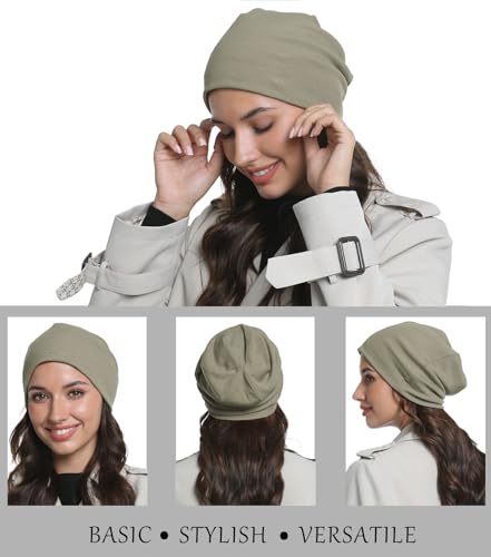 Slouchy Beanie for Women Men Thin Knit Winter Hat 93% Cotton Beanies - color: Grayish Green