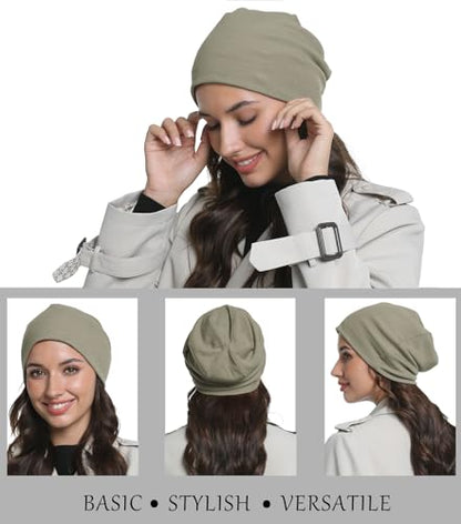 Slouchy Beanie for Women Men Thin Knit Winter Hat 93% Cotton Beanies - color: Grayish Green