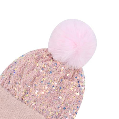 Women Sparkly Sequins Knitted Beanie Hat Warm Winter Skull Cap with Faux Fur Pom Pom - color: Light Pink