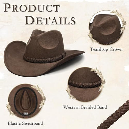 Keilin Cowboy Hats for Women and Men - Felt Teardrop Western Cowgirl Cowboy Hat for Teens and Adults - color: Brown