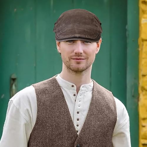 Initlove Mens Newsboy Cap Washed Beret Ivy Hat Flat Hats for Cabbie Driving - color: Coffee