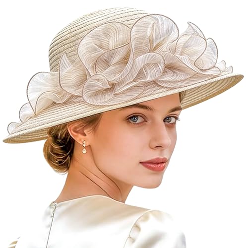 Organza Kentucky Fascinator Hat for Women - Derby Cocktail Tea Party Sun Hat Wedding Bridal Flower Church Hat Packable - color: Khaki