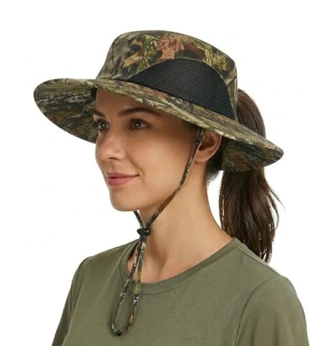 Tirrinia Sun Hats for Women, Wide Brim Hat with Ponytail Hole - color: Brown Woodland Camo