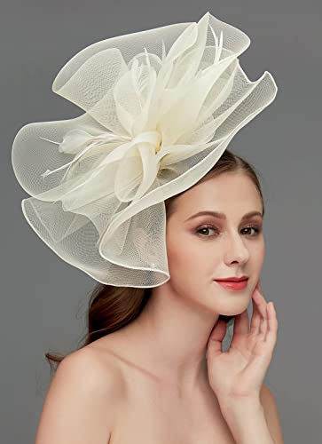 Z&X Sinamay Fascinator Hat Floral Feather Pillbox Derby Hats for Women Wedding Tea Party with Headband Clip - color: 006b Beige