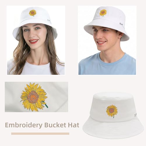 ZLYC Cotton Bucket Hat for Women Men Embroidered Packable Summer Sun Cap - color: Sunflower White