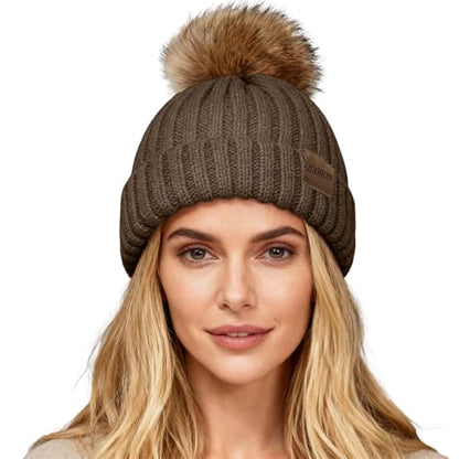 ZOORON Womens Winter Knitted Beanie Hat with Faux Fur Pom Beanie Warm Knit Skull Cap Beanie for Women - color: 1pack Khaki