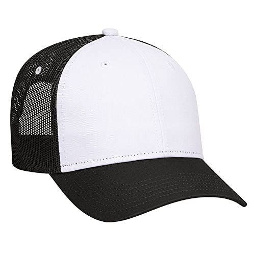 Ashen Fane 6 Panel Blend Twill Structured Low Profile Mesh Back Snapback Trucker Hat - color: Blk/Wht/Blk