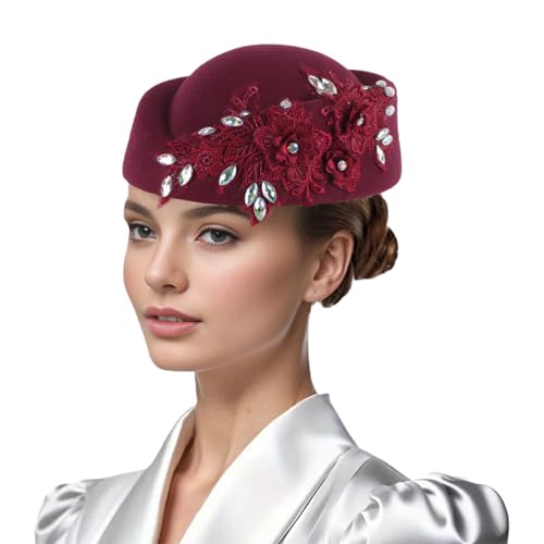 Women Vintage Church Hat Applique Felt Pillbox Hat Fascinator Tea Party Cap - color: Fuchsia