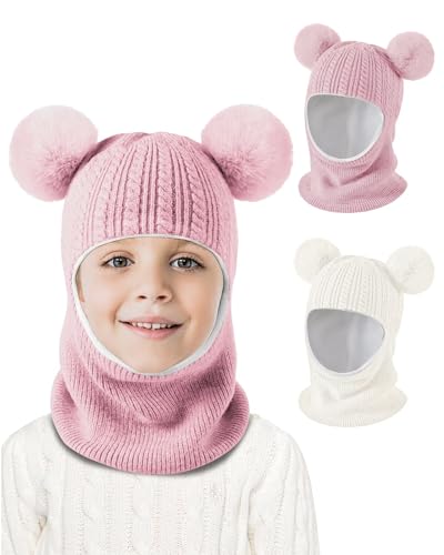 Baby Winter Hat Scarf Set 2 Pack, Toddler Beanie Hats Girl Boy with Neck Warmer, Beanie for Kids Knit Warm for Cold Weather - color: Pink&white, size: 6-36 Months