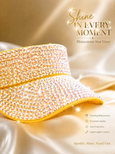 Women Shiny Rhinestone Bling Sun Visor Adjustable Tennis Beach Ponytail Hat - color: Yellow Hat+white Rhinestone