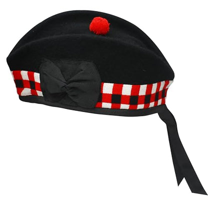 Glengarry Cap-Traditional Scottish Hat,100% Wool, Acrylic Wool Tartan,Kilts/Bagpipes Accessories,Polyester Cotton Ribbon - color: Black & Red Diced, size: 7 1/4