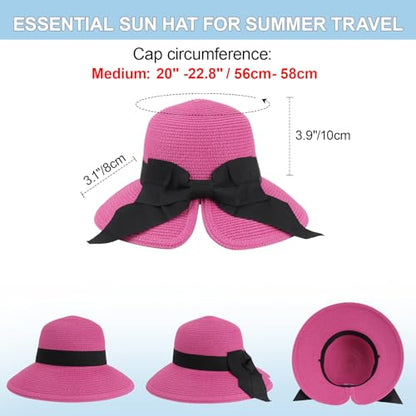 DRESHOW Sun Hats for Women Travel Fedora Foldable Beach Sun Hat Summer Wide Brim Straw Bucket Hat with Bowknot UPF 50+ - color: 1 Pack With Bowknot: Fuchsia With Black Band